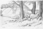 : Pencil drawing of a landscape with megalithic grave