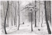: Pencil drawing snow landscape: snowy forest