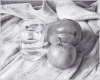: Still life with apple, pear and glass